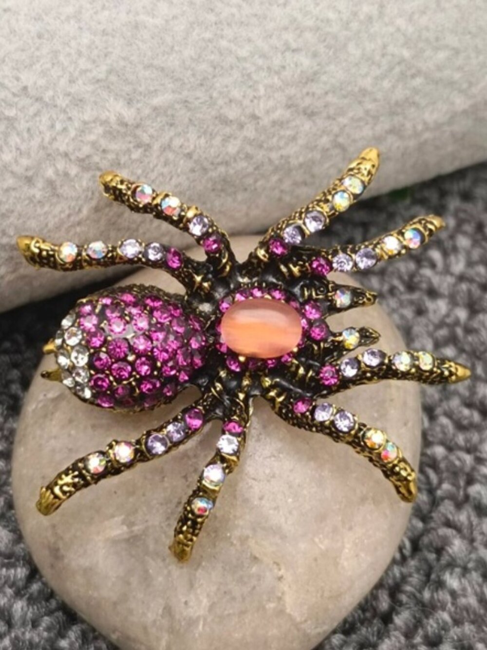 DESIGNER Goth Spider Gold Clear/Hot Pink/Iridescent Crystal Brooch Pin**NEW!